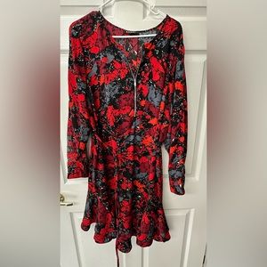 Women's Rebel Wilson X Angels Dress Red Print w/ Ruffled Hem, Front Zipper